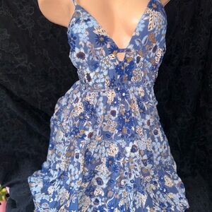 Floral Blue Dress v neck tiered sundress cottagecore fairy garden Gypsy hippy